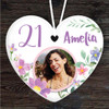 21st Birthday Photo Flower Purple Heart Personalised Gift Hanging Ornament