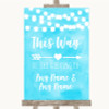 Aqua Sky Blue Watercolour Lights This Way Arrow Right Personalised Wedding Sign