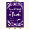 Purple & Silver Here Comes Bride Aisle Personalised Wedding Sign