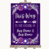Purple and Silver This Way Arrow Left Personalised Wedding Sign