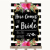 Black & White Stripes Pink Here Comes Bride Aisle Personalised Wedding Sign