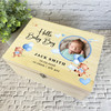 Blue Teddy Bears Round Photo New Baby Boy Personalised Wooden Keepsake Box