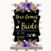 Gold & Purple Stripes Here Comes Bride Aisle Personalised Wedding Sign