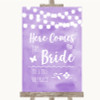 Lilac Watercolour Lights Here Comes Bride Aisle Personalised Wedding Sign