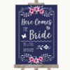 Navy Blue Pink & Silver Here Comes Bride Aisle Personalised Wedding Sign