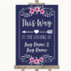 Navy Blue Pink & Silver This Way Arrow Left Personalised Wedding Sign