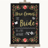 Chalk Style Blush Pink Rose and Gold Here Comes Bride Aisle Wedding Sign