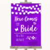 Purple Watercolour Lights Here Comes Bride Aisle Personalised Wedding Sign