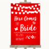 Red Watercolour Lights Here Comes Bride Aisle Personalised Wedding Sign