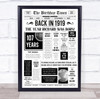 Born In 1919 White Newspaper Birthday Facts Any Year Any Age Personalised Print