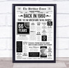 Born In 1960 White Newspaper Birthday Facts Any Year Any Age Personalised Print