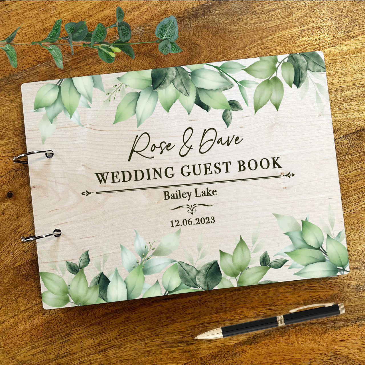 Wood Green Leaves Teal Message Notes Keepsake Wedding Guest Book - The ...