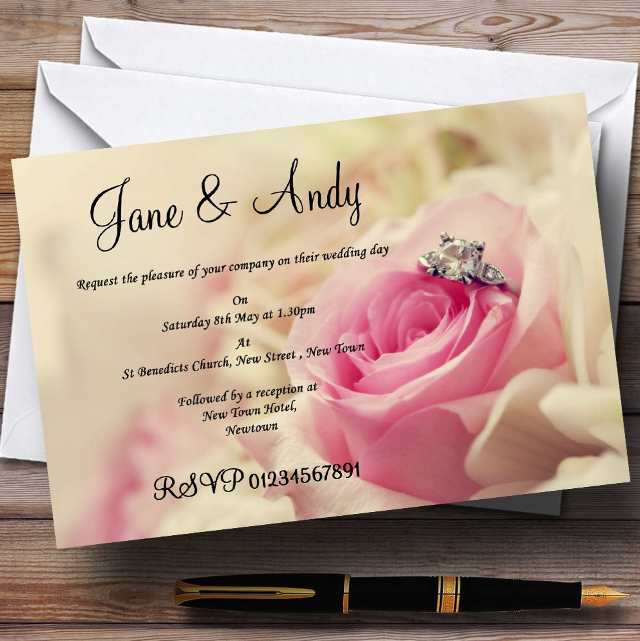 Gorgeous Pink Rose And Rings Personalized Wedding Save The Date Cards