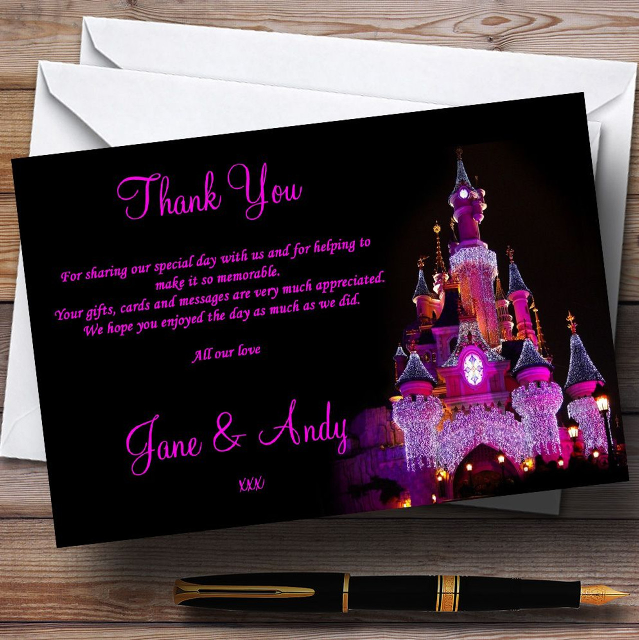 Pink Disney Castle Personalised Wedding Thank You Cards The Card Zoo