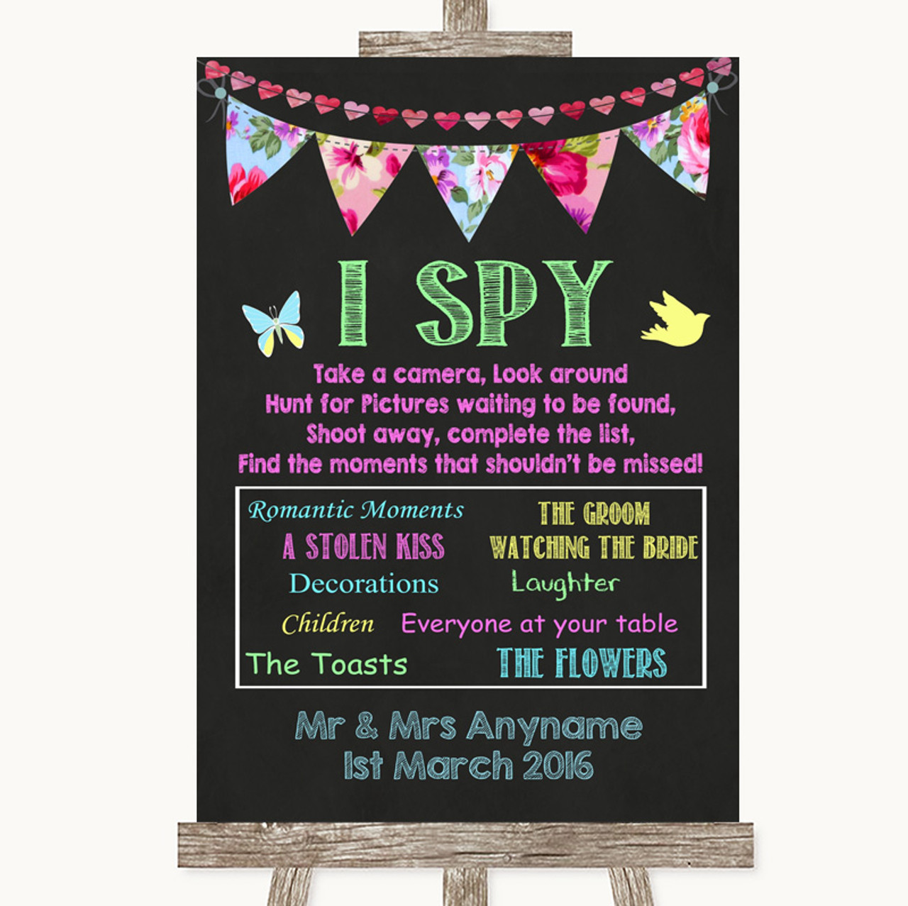Bright Bunting Chalk I Spy Disposable Camera Personalised Wedding Sign -  The Card Zoo