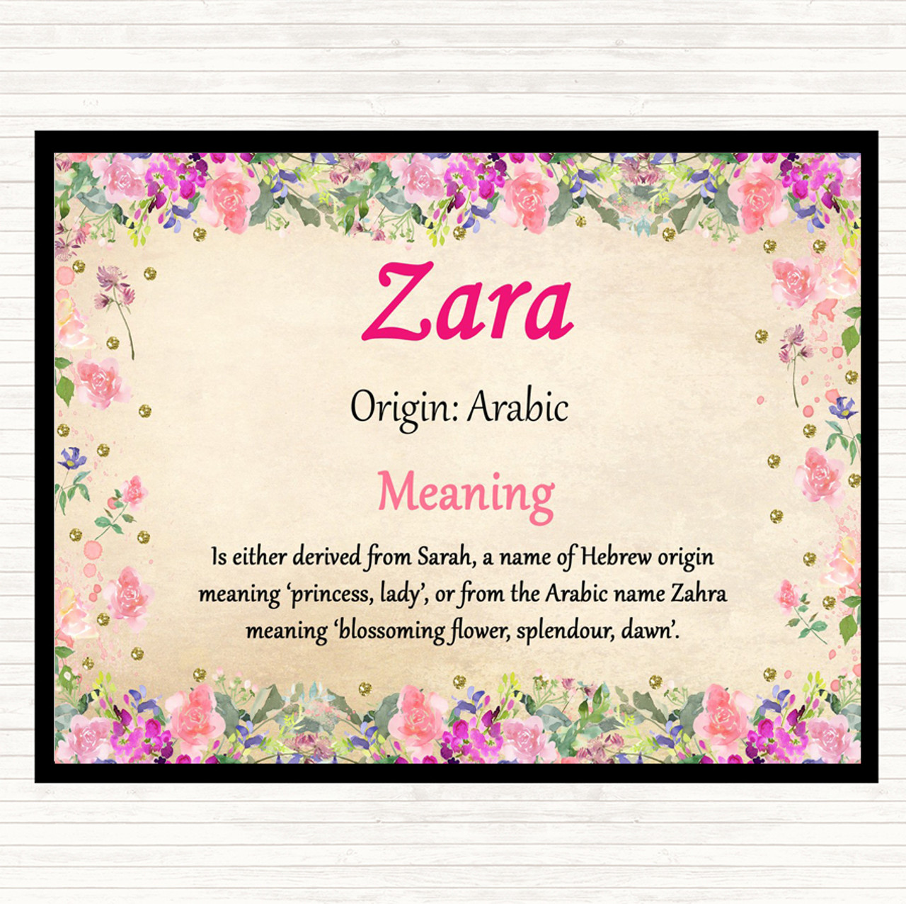 Zara Name Meaning Mouse Mat Pad Floral - The Card Zoo