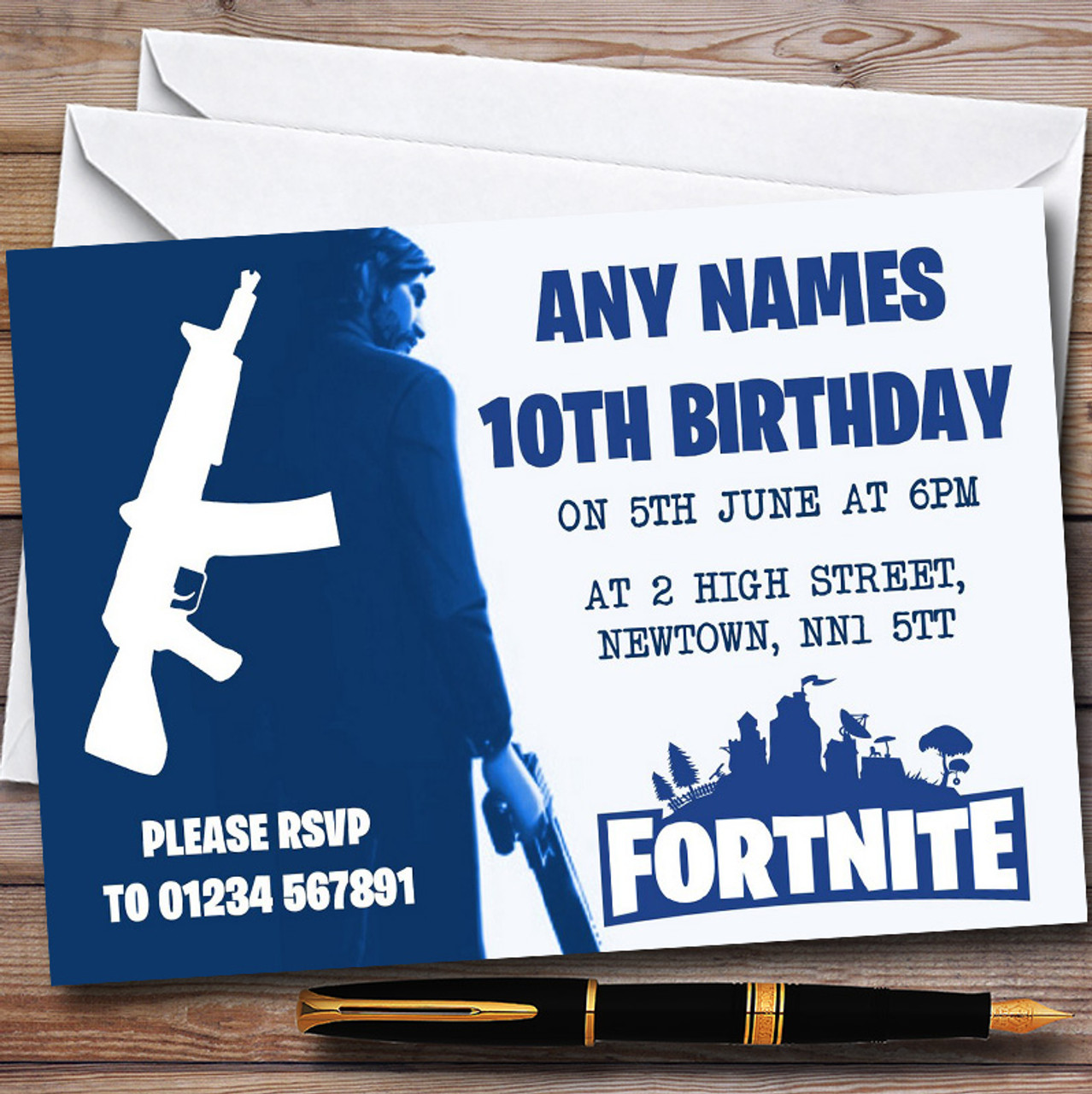 fortnite blue white john wick personalised birthday party invitations - white card fortnite