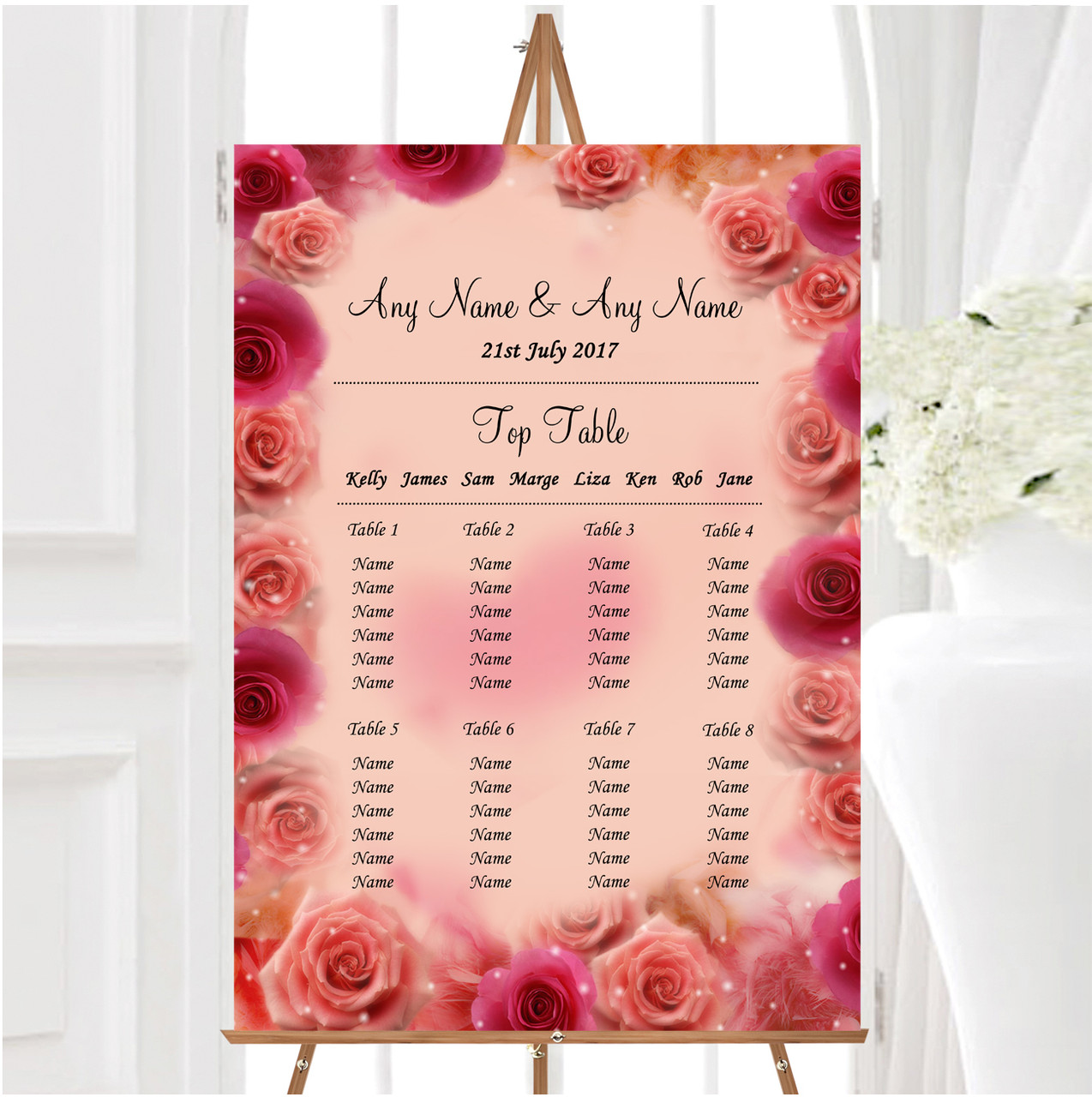 Pink Rose Petals Personalised Wedding Seating Table Plan