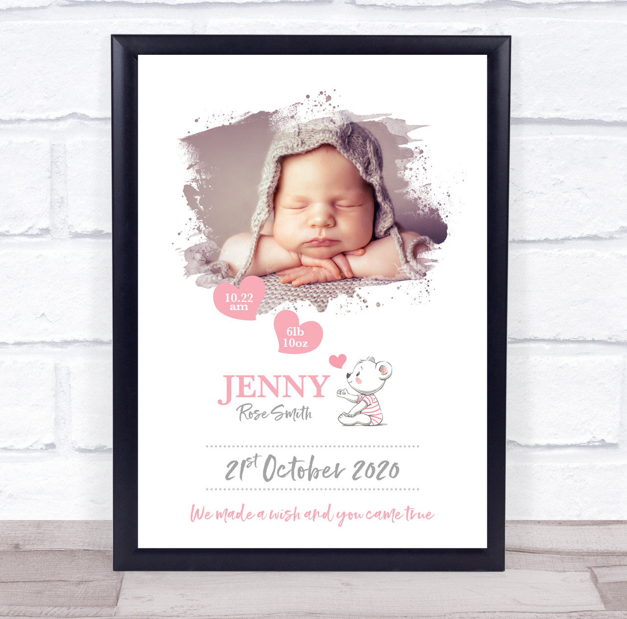 New Baby Birth Details Christening Nursery Pink Bear Photo