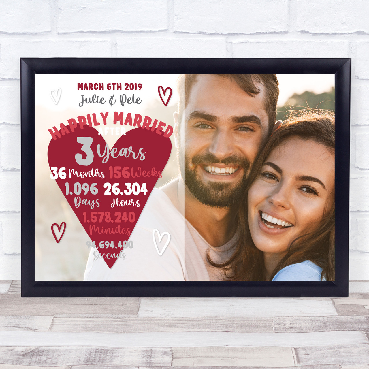 Years 3rd Anniversary Wedding Heart Photo Personalised Gift Art