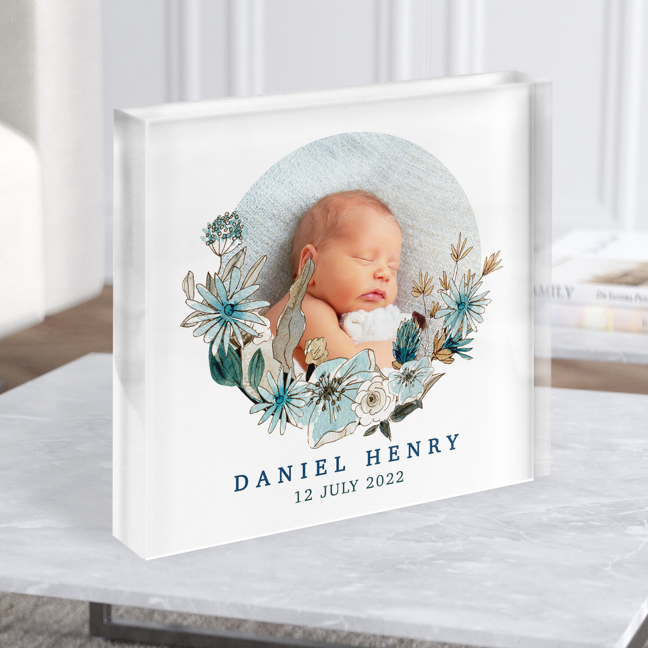 New Baby Birth Details Christening Nursery Square Photo Blue Acrylic ...