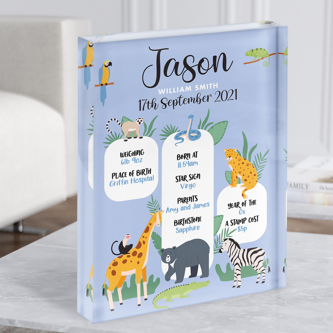 New Baby Birth Details Nursery Blue Safari Jungle Animals Acrylic Block ...