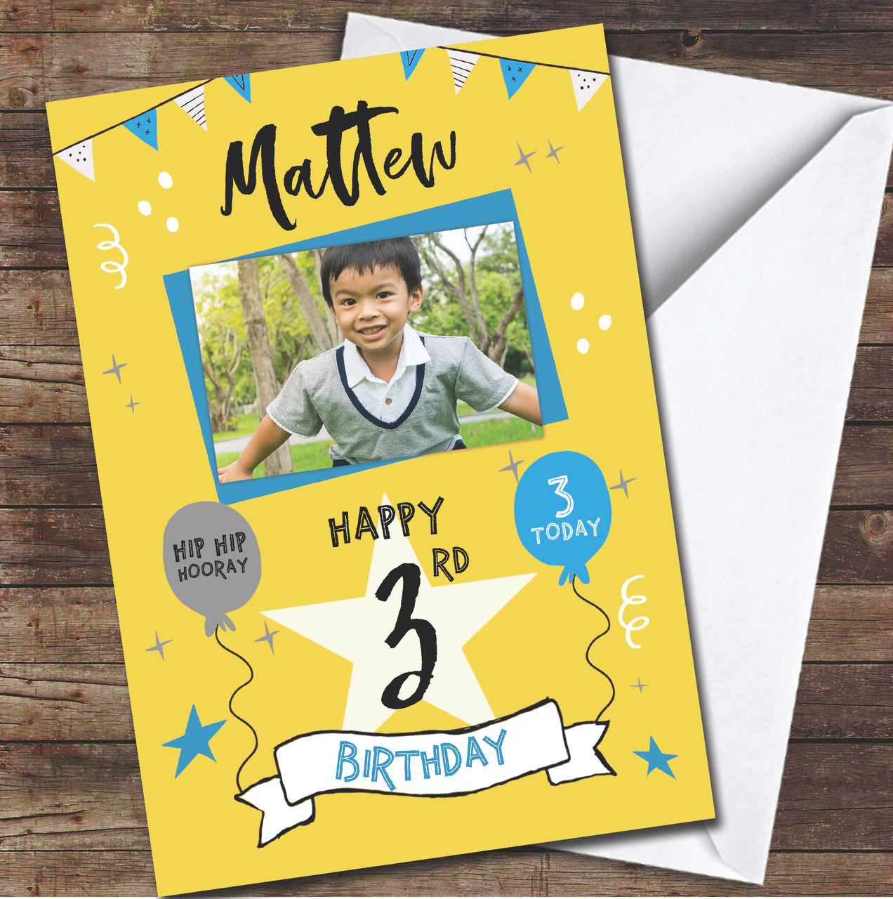 3rd Birthday Boy Party Yellow Photo Personalised Birthday Card