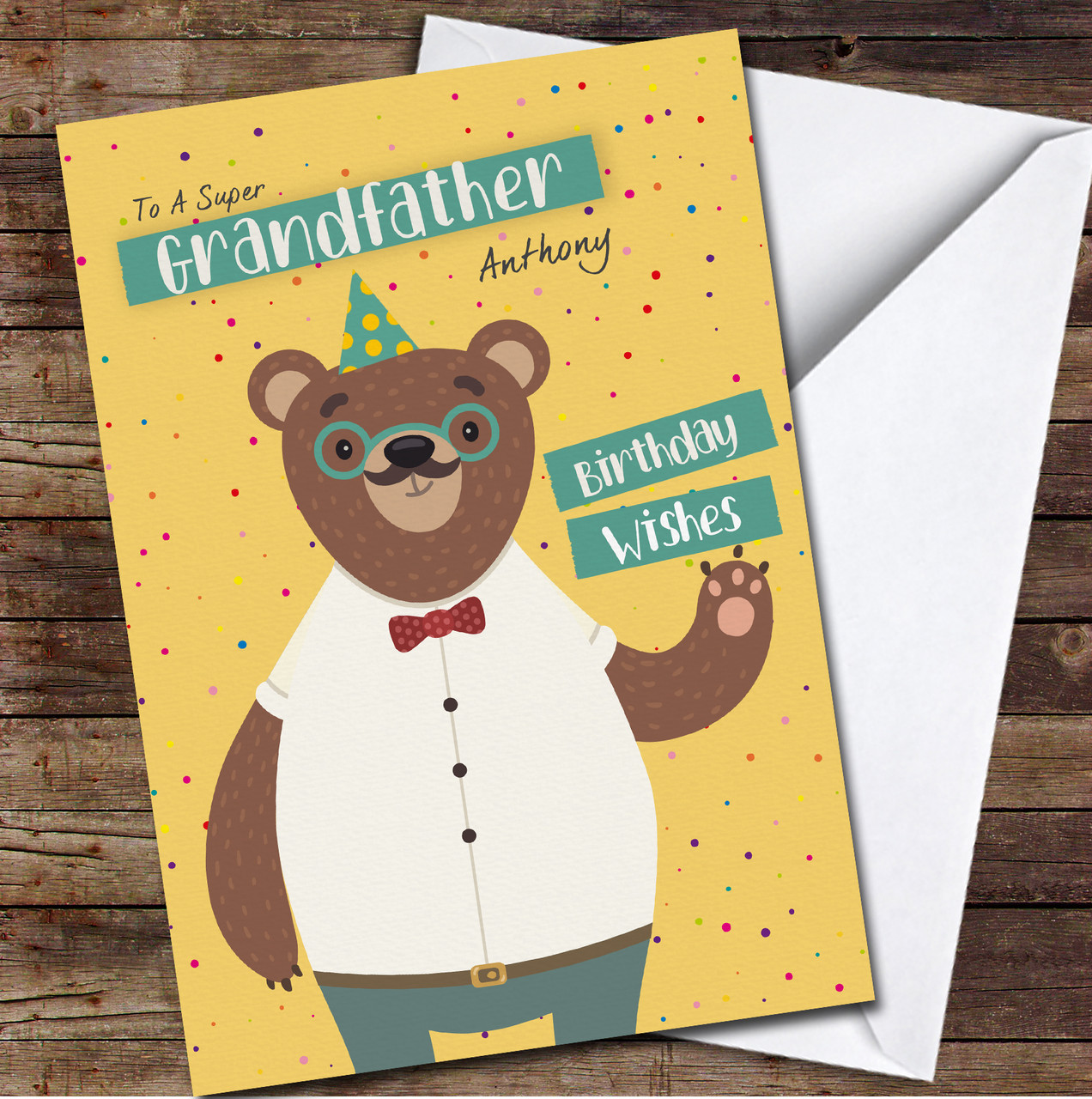 Grandfather Birthday Cute Bear Wearing Party Hat Card Personalised