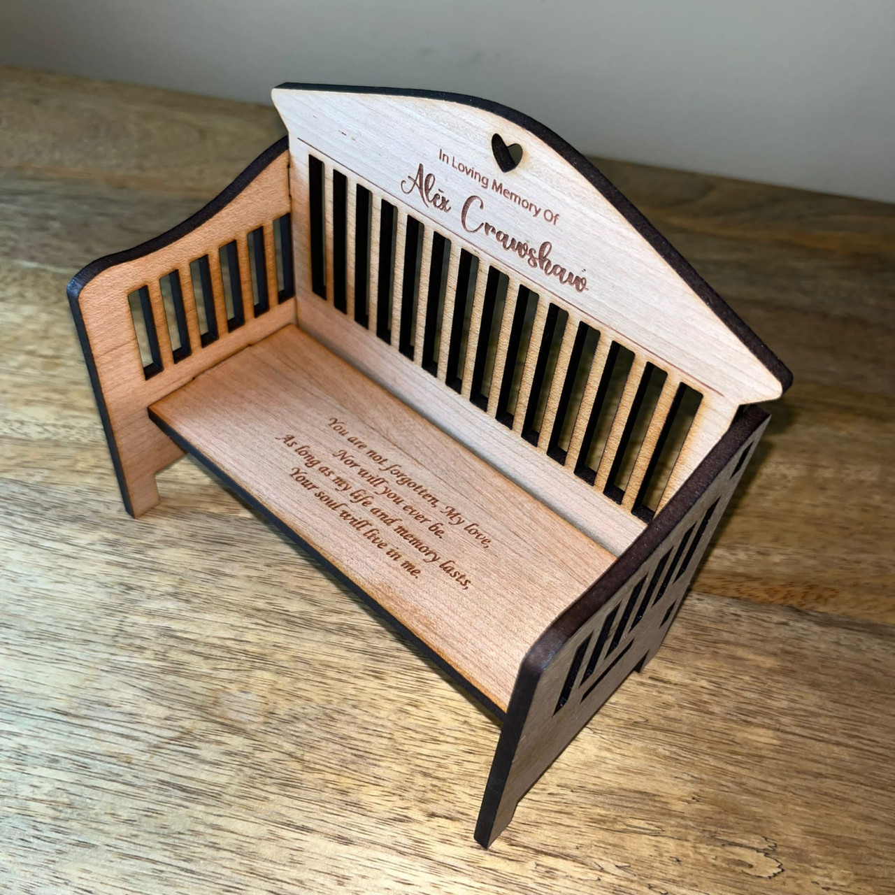 Personalised Mini Slatted Wood Heart Bench Memorial Gift In Memory