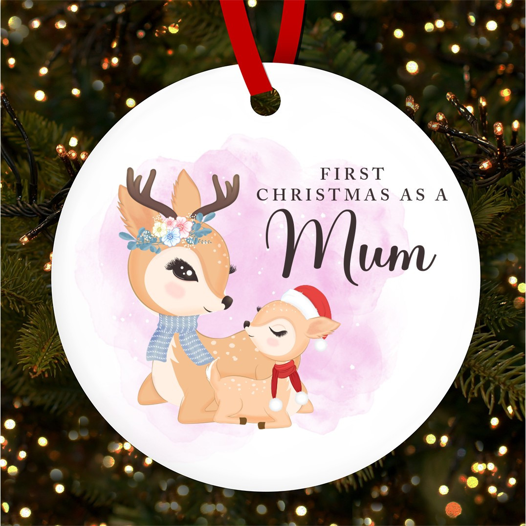 First As A Mum Family Deer Round Personalised Christmas Tree