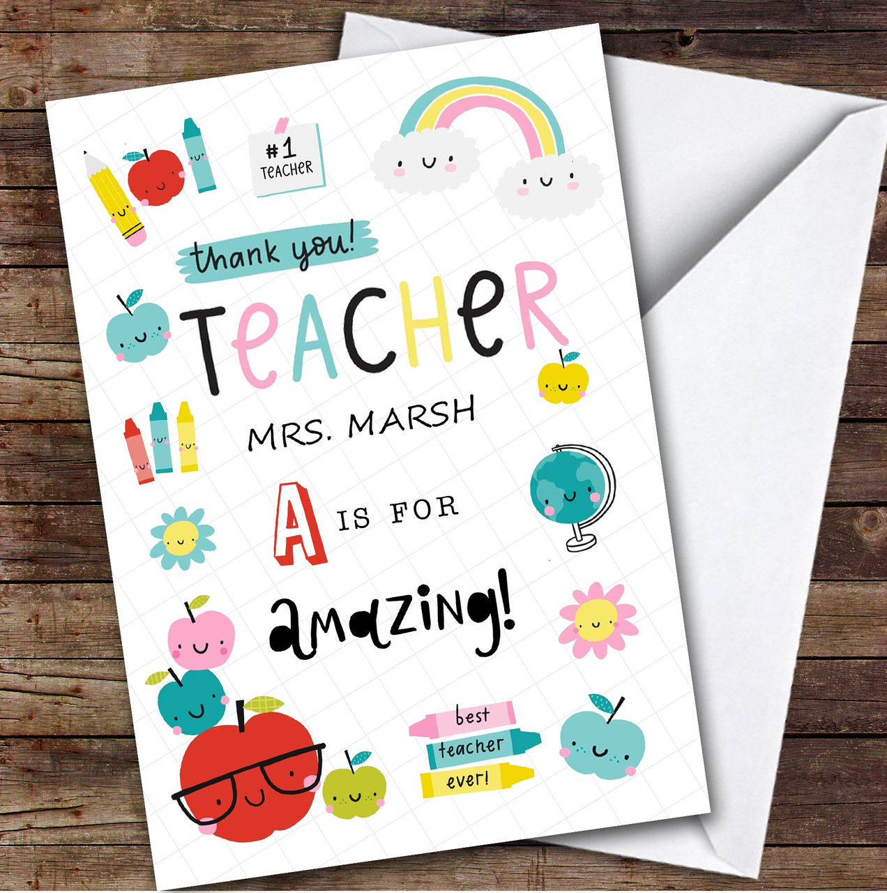 Thank You Teacher Fun Crayons Rainbow Personalised Greetings Card The