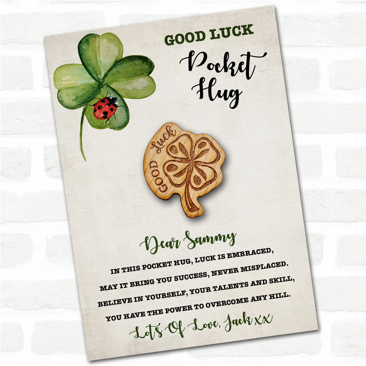 Lucky Four Leaf Clover Ladybird Good Luck Personalised Gift Pocket Hug ...