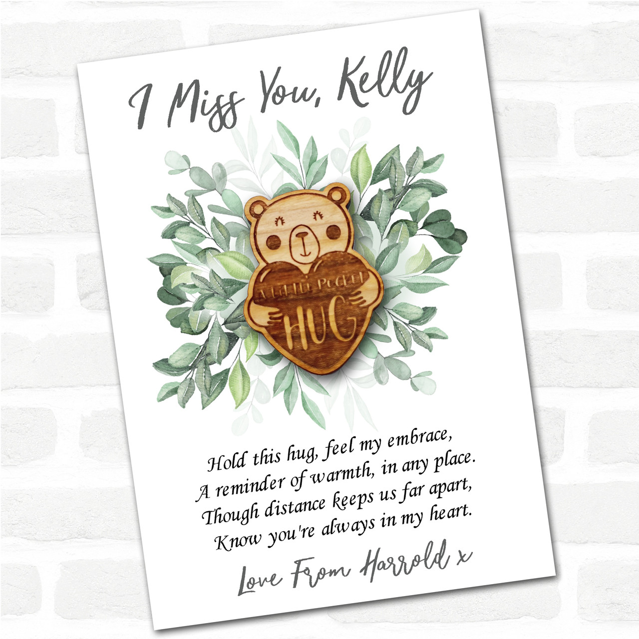 Love Heart Teddy Bear Green Leaves I Miss You Personalised Gift Pocket Hug  - The Card Zoo