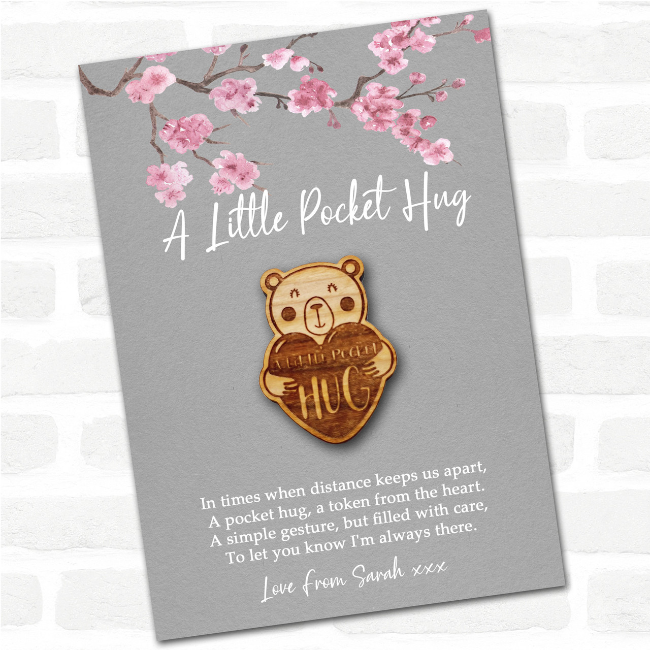 Love Heart Teddy Bear Grey Pink Blossom Personalised Gift Pocket Hug - The  Card Zoo