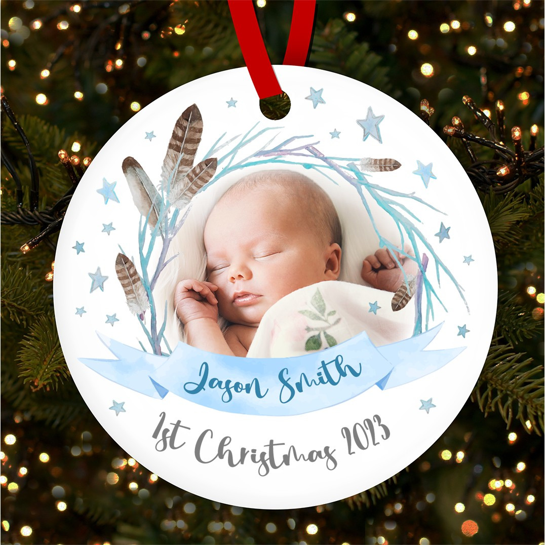 First Baby Boy Photo Feather Personalised Christmas Tree Ornament
