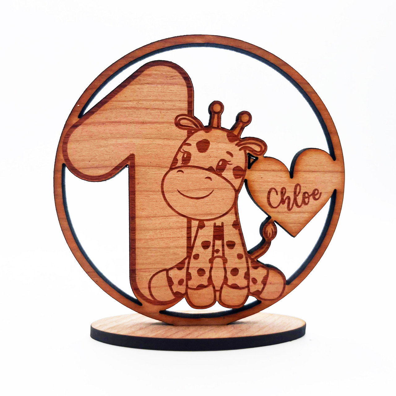 Engraved Wood 1st Birthday Kids Cute Giraffe Heart Keepsake