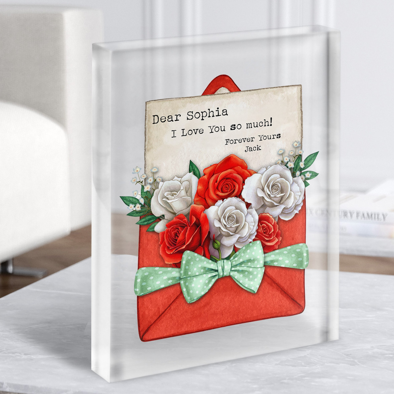 Roses Love Letter Romantic Gift Personalised Clear Acrylic Block 