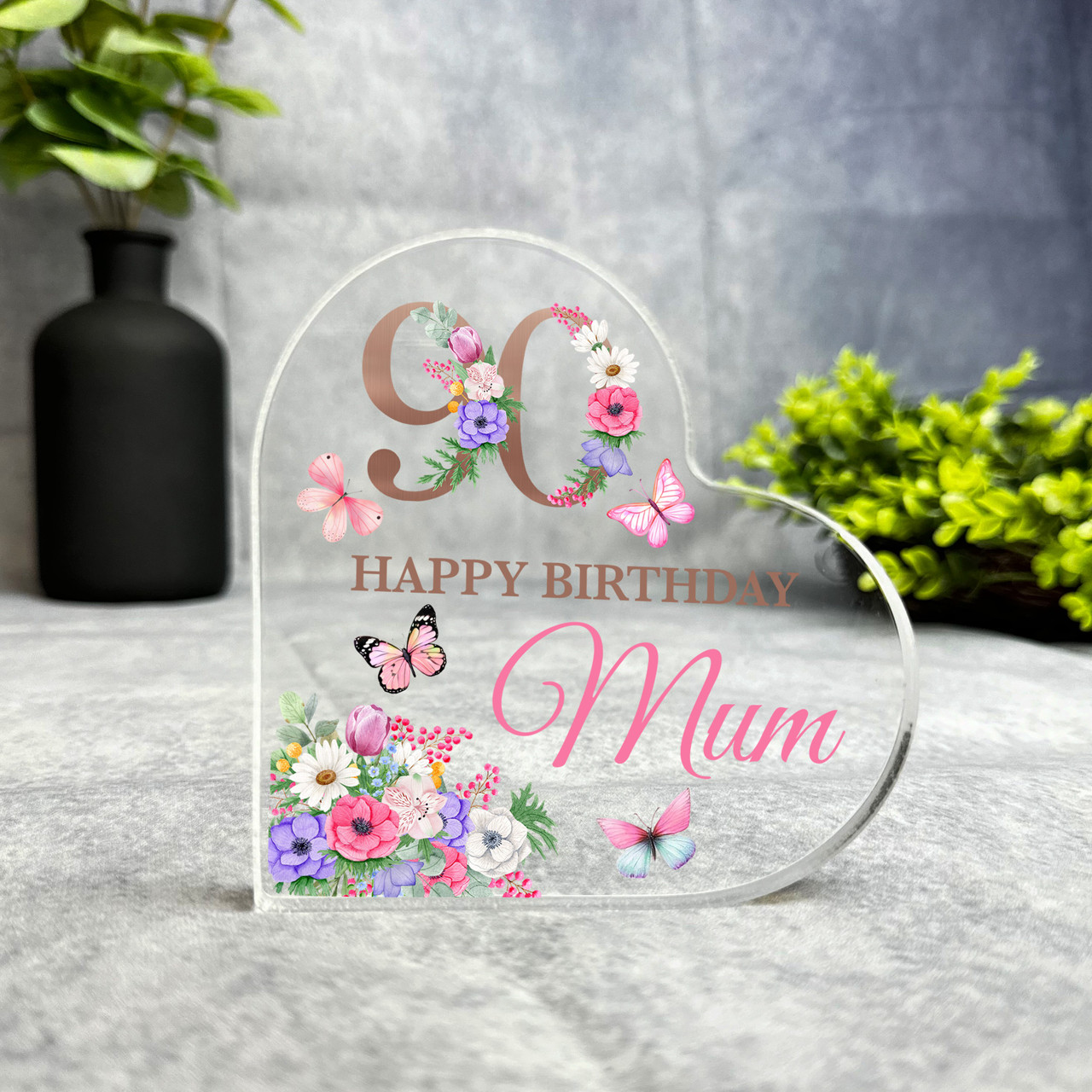 Mum 90th Pink Purple Floral Happy Birthday Present Heart Plaque