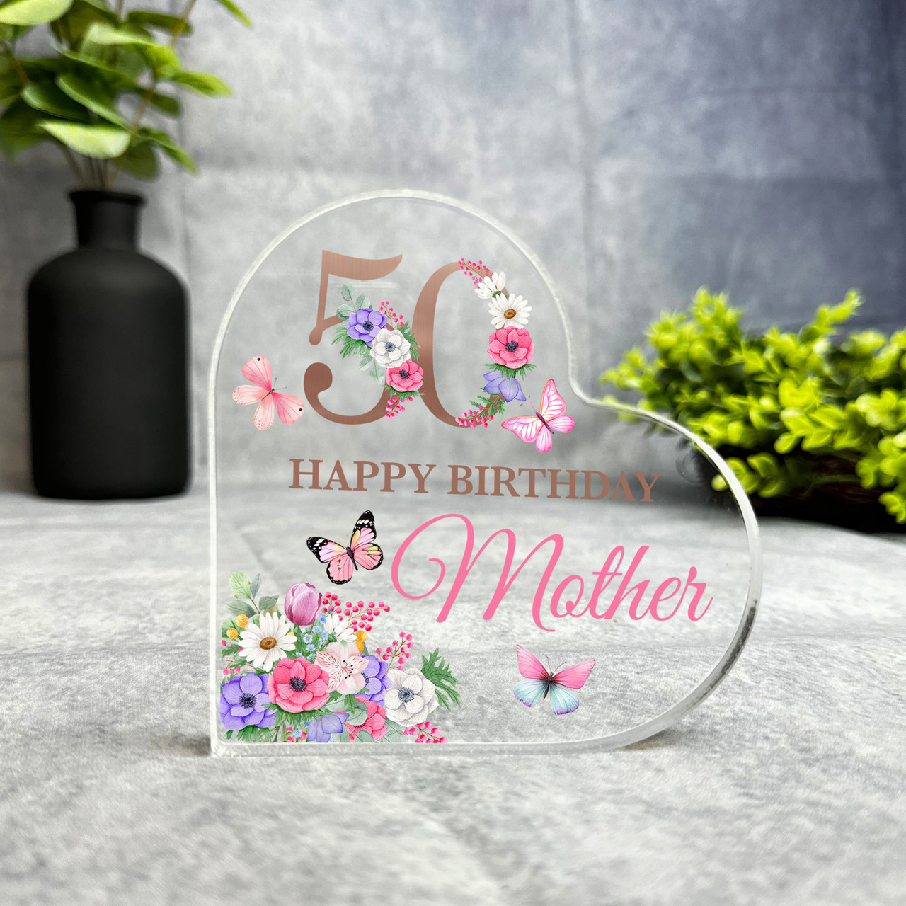 Mother 50th Pink Purple Floral Happy Birthday Present Heart Plaque