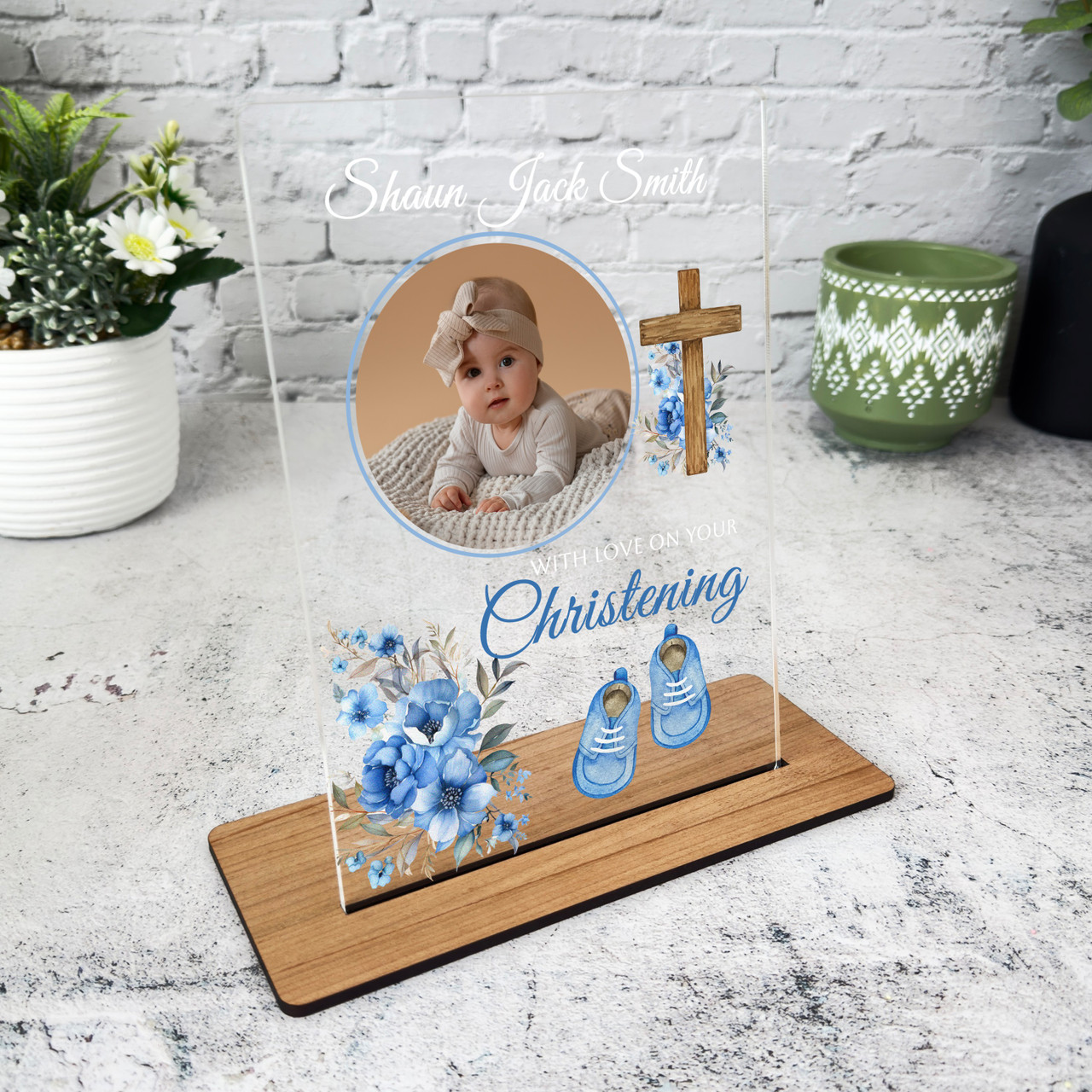 Christening Gift For Boy Blue Floral Shoes Photo Custom