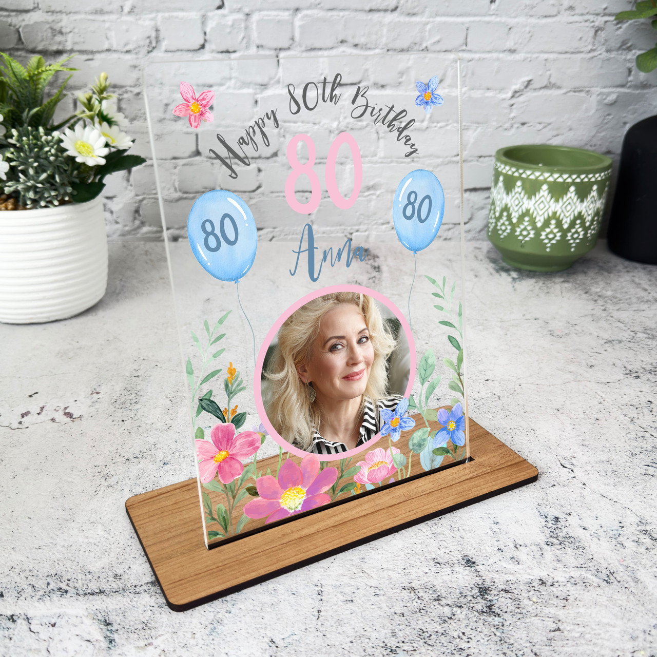 80th Birthday Gift For Female Flower Pink Blue Photo Personalised
