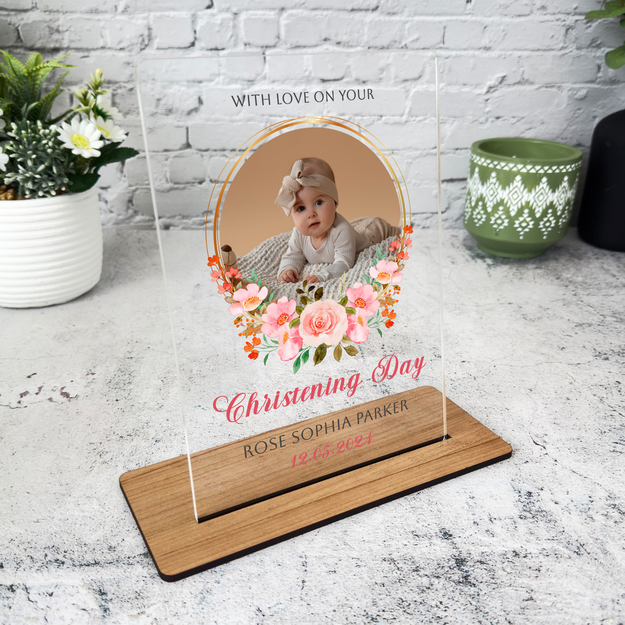 Christening Gift Pink Floral Photo Custom Personalised Gift