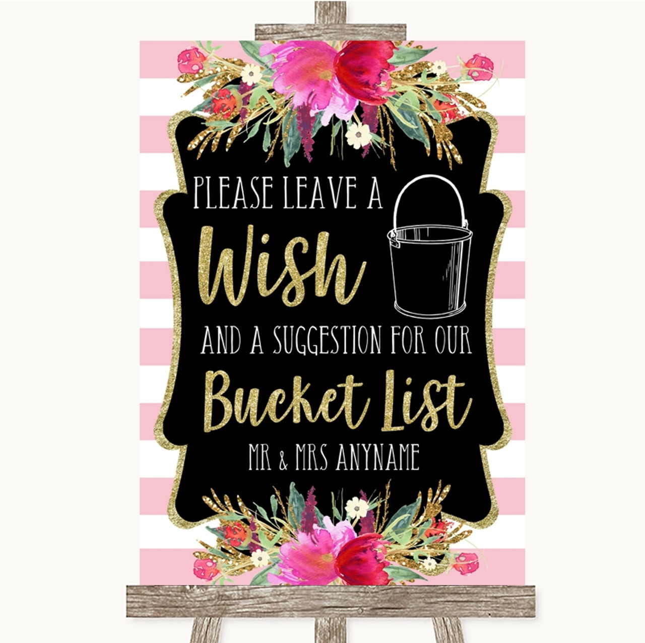 Gold & Pink Stripes Bucket List Personalised Wedding Sign - The