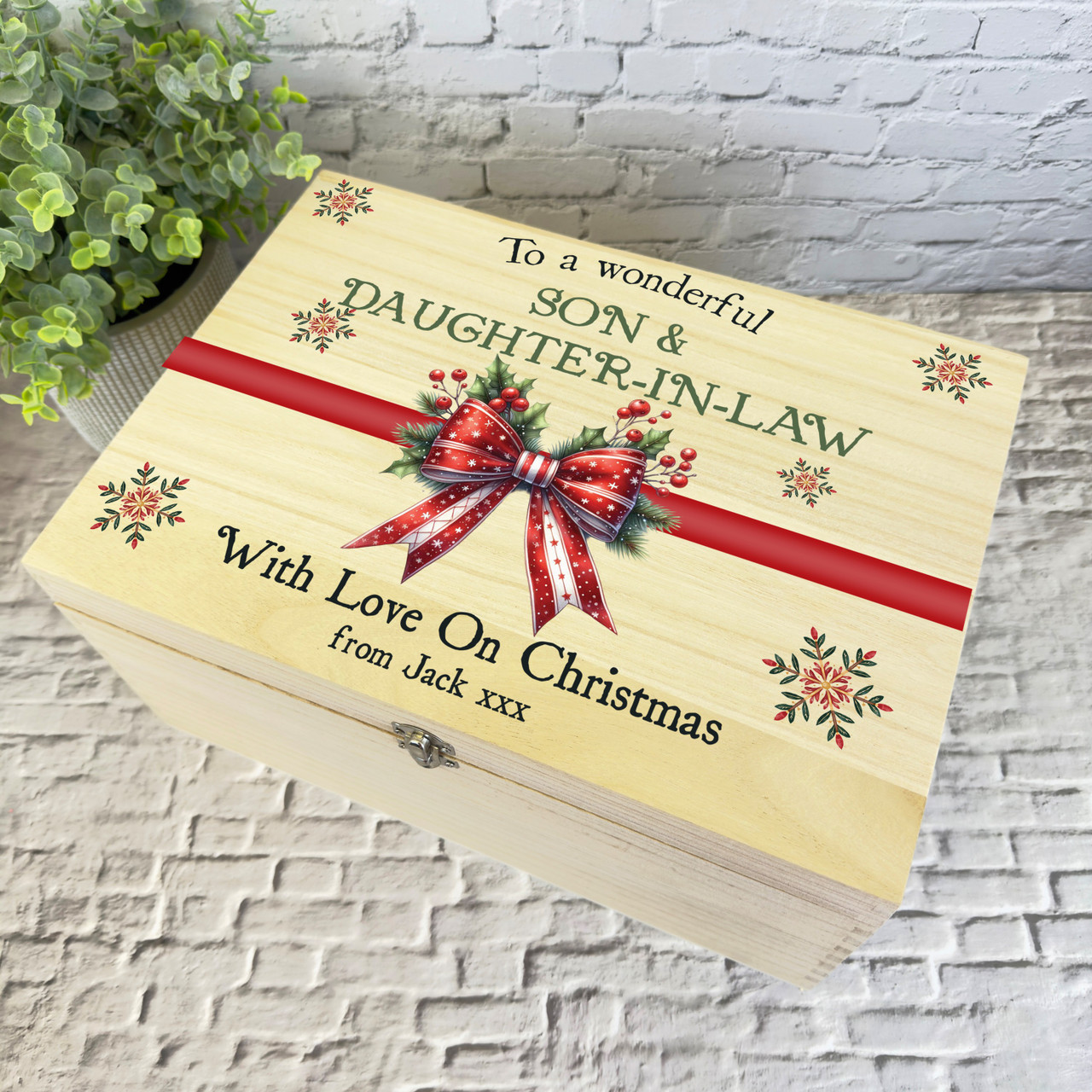 Son and Daughter-In-Law Red Bow Wooden Personalised Christmas