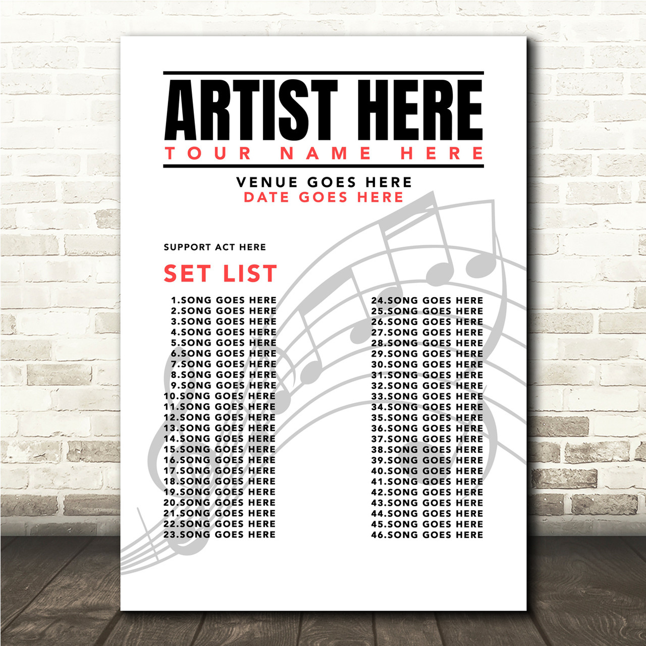 Concert Setlist Poster Print Canvas Music Notes Any Artist, Date