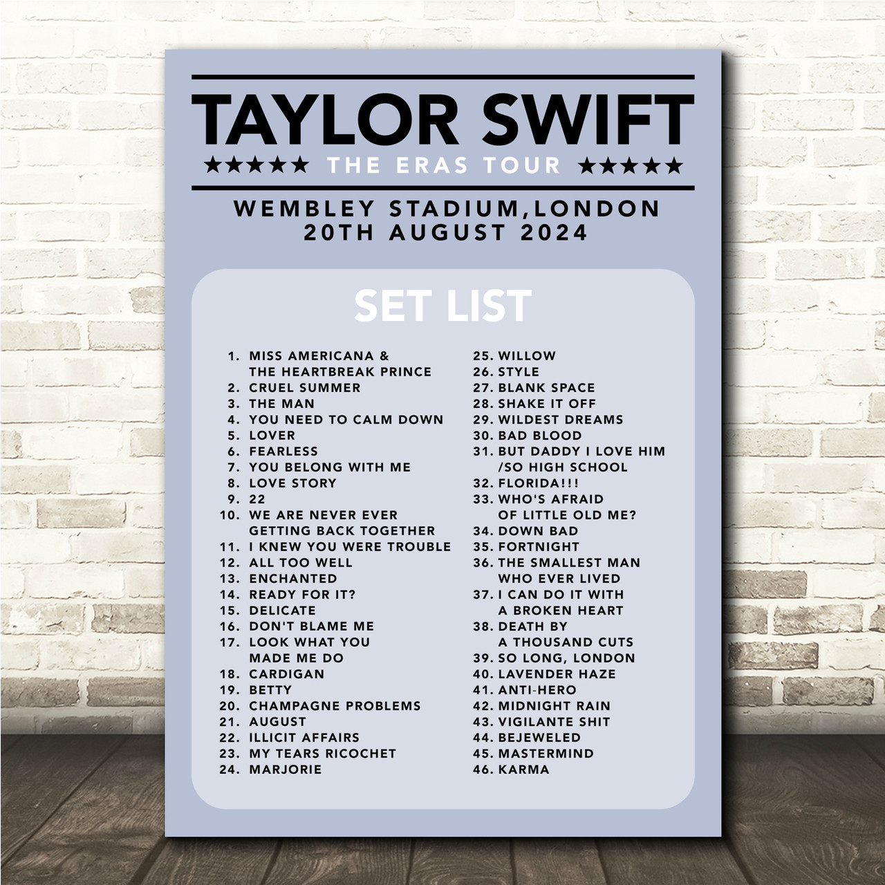 Taylor Swift - Concert Setlist Gig Poster Print Canvas Blue