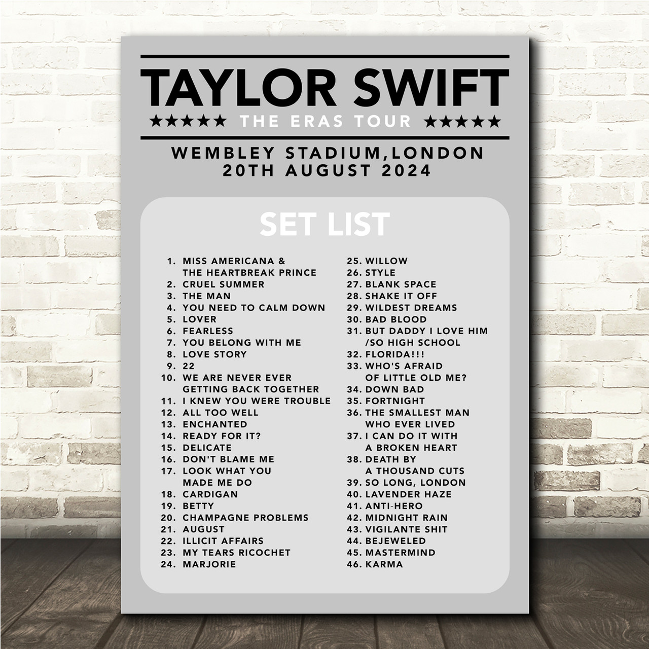 Taylor Swift - Concert Setlist Gig Poster Print Canvas Grey