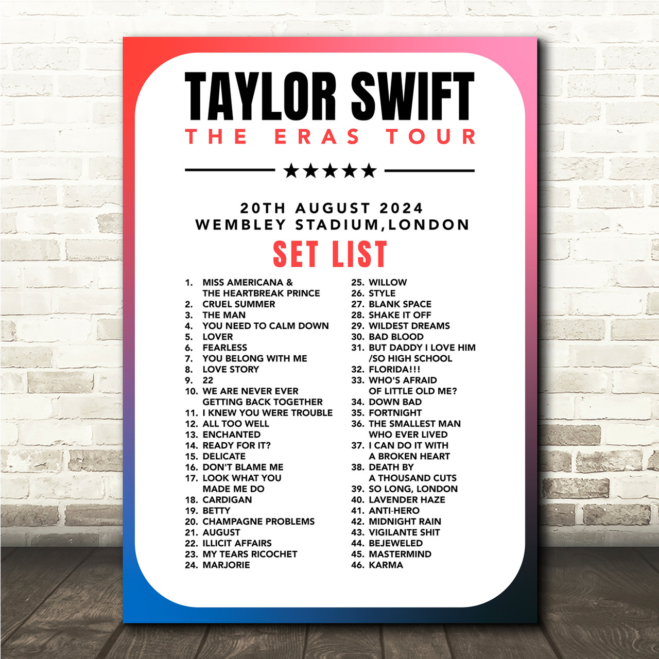 Taylor Swift - Concert Setlist Gig Poster Print Canvas Retro Blue