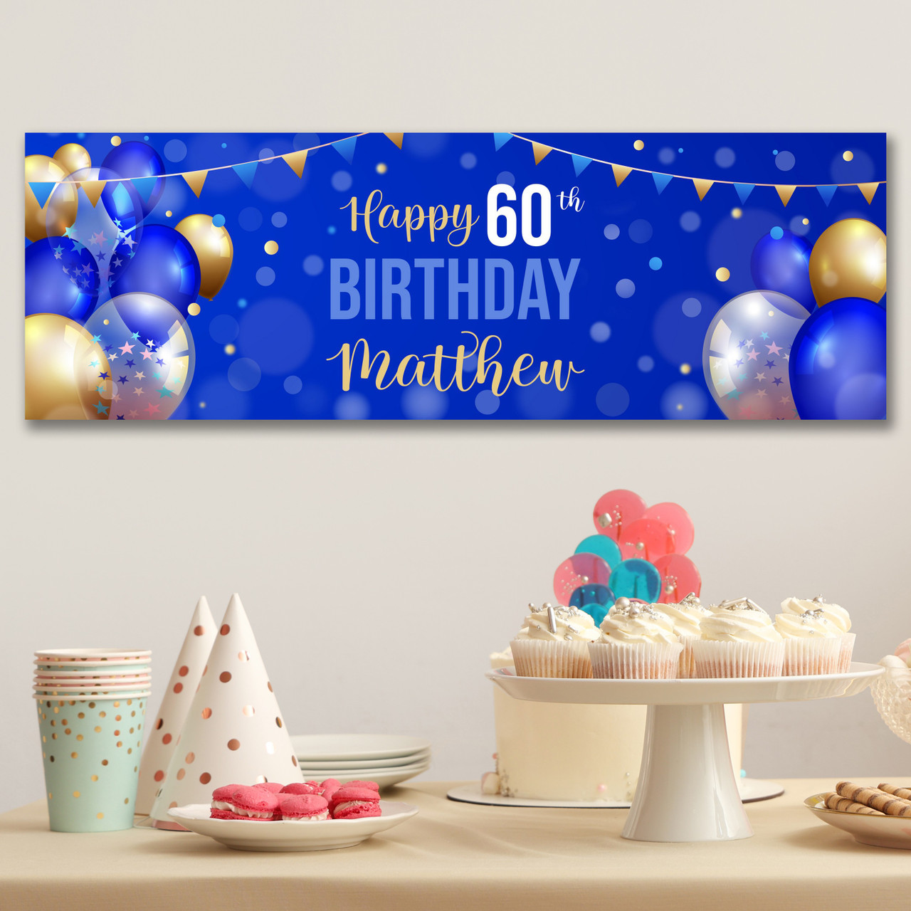 Striscione Compleanno 60 Anni In Stagnola – Blu E Oro, Happy 60th Birthday, Creative Party J038