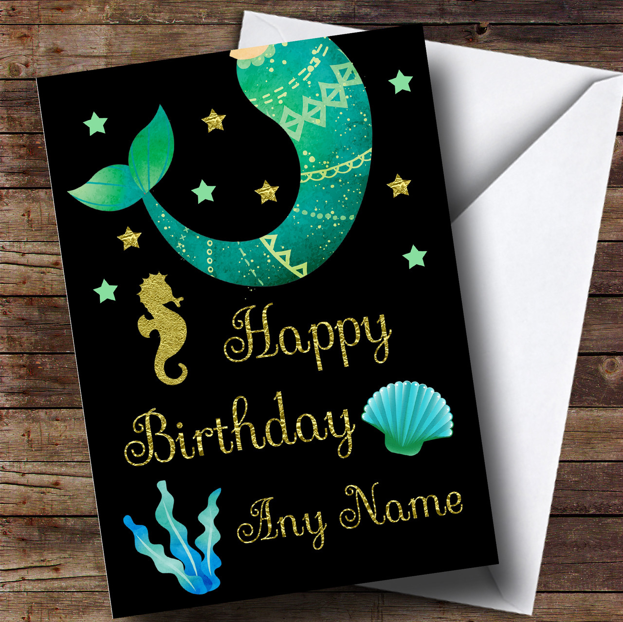 Black Watercolour Mermaid Tail Personalised Children's Birthday Card